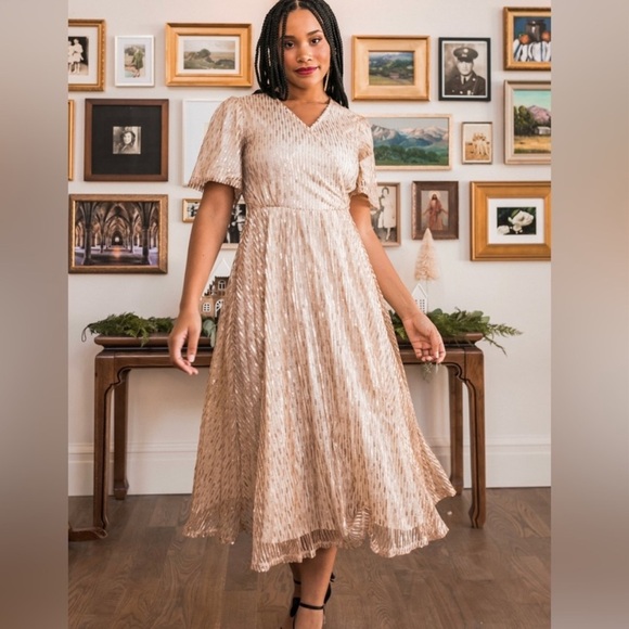Ivy City Co Dresses & Skirts - NWT Ivy City Co Goldie Sequin Champagne Pleated Fit & Flare Midi Size 4X